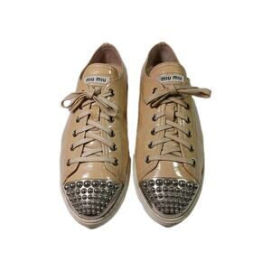 Miu Miu Sneakers 41 EU 10 US Tan Patent Leather Lace Up Silver Studded Cap Toe